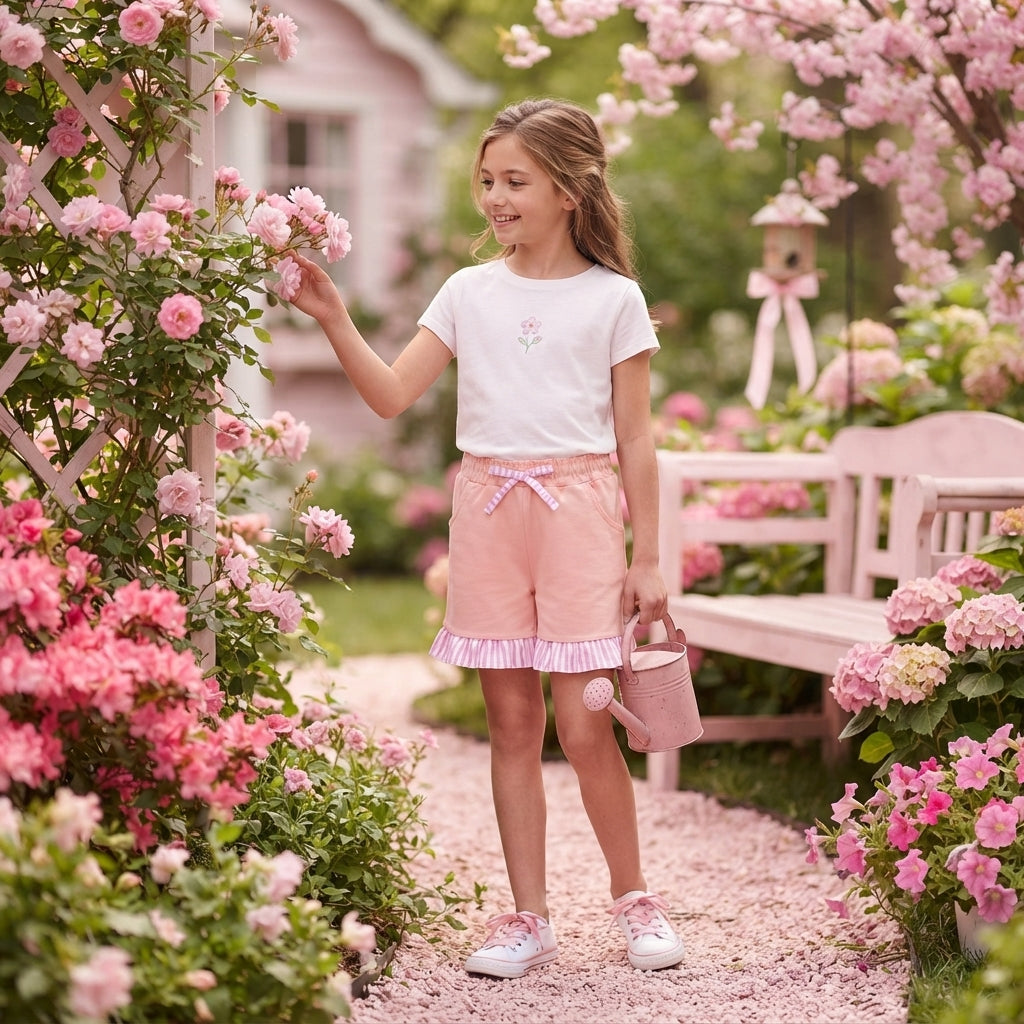 NO MOQ RTS SS0996 Baby Girl Clothes Solid Pink Plain Print Ruffle Hem Striped Bow Shorts 202609