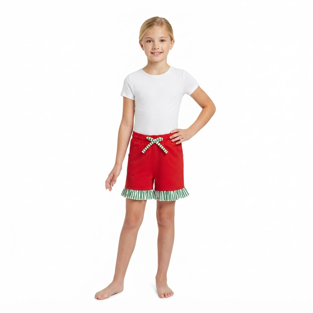 NO MOQ RTS SS0997 Baby Girl Clothes Solid Red Plain Green White Stripe Ruffle Hem Drawstring Shorts 202610