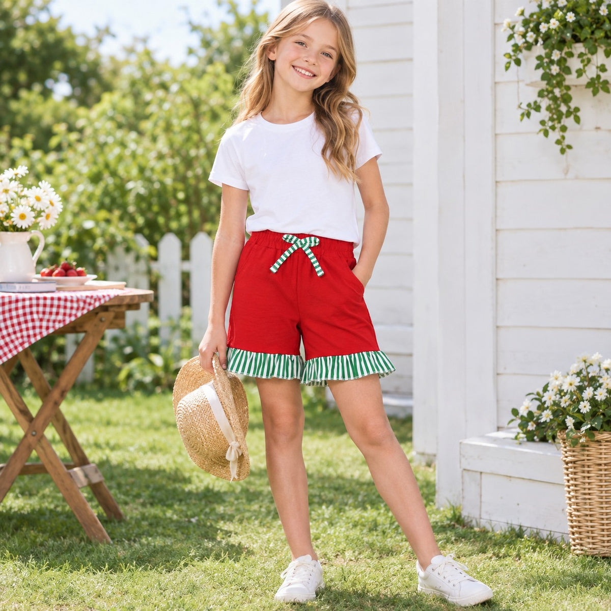 NO MOQ RTS SS0997 Baby Girl Clothes Solid Red Plain Green White Stripe Ruffle Hem Drawstring Shorts 202610