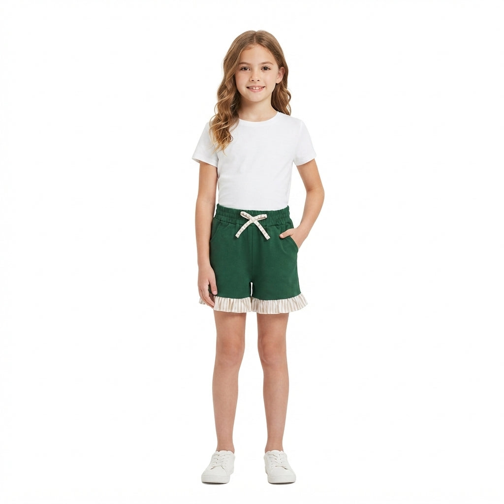 NO MOQ RTS SS0998 (2) Baby Girl Clothes Solid Dark Green Print Short Ruffle Hem Shorts 202609