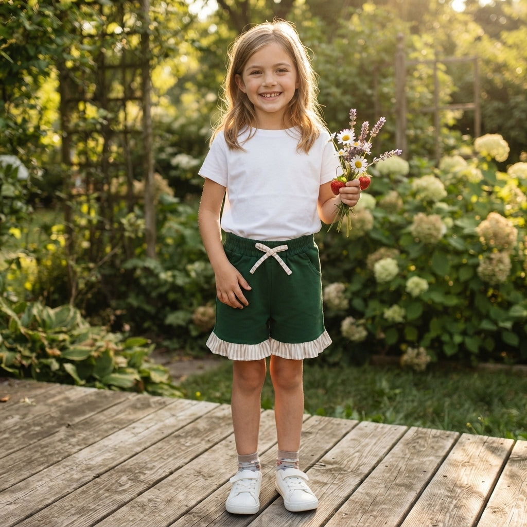 NO MOQ RTS SS0998 (2) Baby Girl Clothes Solid Dark Green Print Short Ruffle Hem Shorts 202609