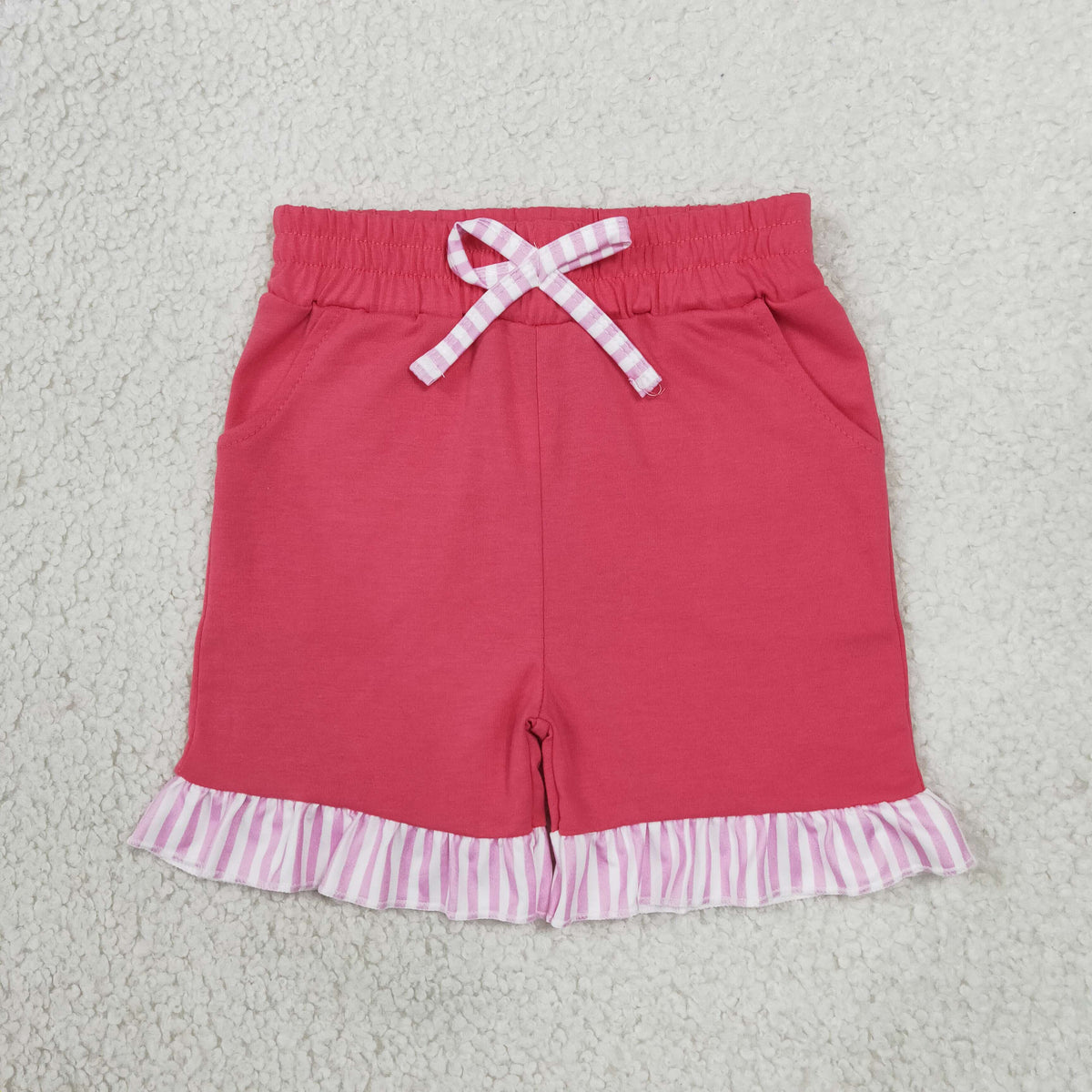 NO MOQ RTS SS1001 Baby Girl Clothes Solid Hot Pink Striped Splice Print Short Ruffle Shorts 202610