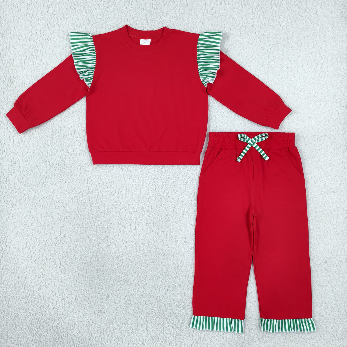 NO MOQ RTS GLP3697 Girl Clothes Solid Red Green Stripe Ruffle Plain Print Long Sleeve Top Long Pants Set 202610