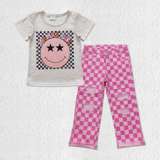 GSPO1606 组合 western mama's girl pink checkerboard denim jeans girl outfit 202405