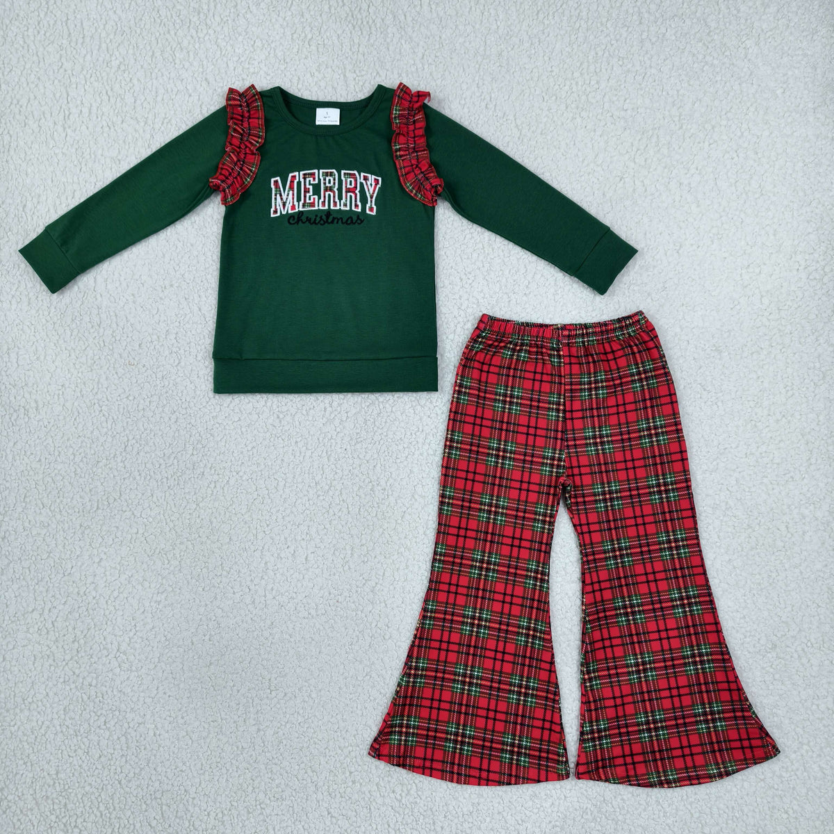 NO MOQ RTS GLP3595-embroidery (2) Baby Girl Clothes Merry Christmas Plaid Ruffle Long Sleeve Flare Pant Set 202610