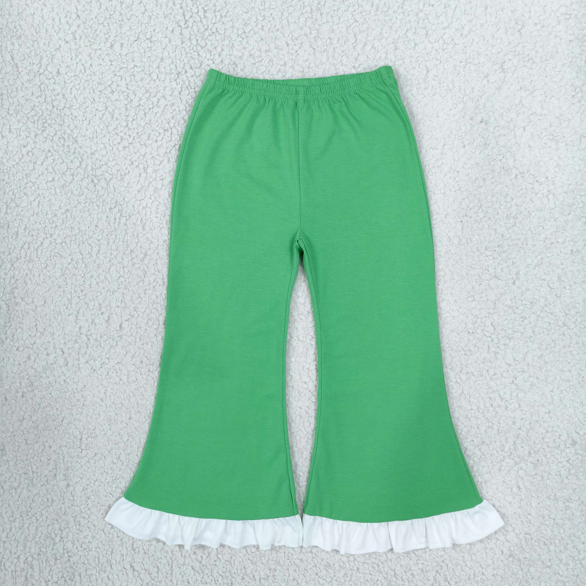 NO MOQ RTS P1168 Baby Girl Clothes Solid Green White Ruffle Trim Long Flare Pants 202610