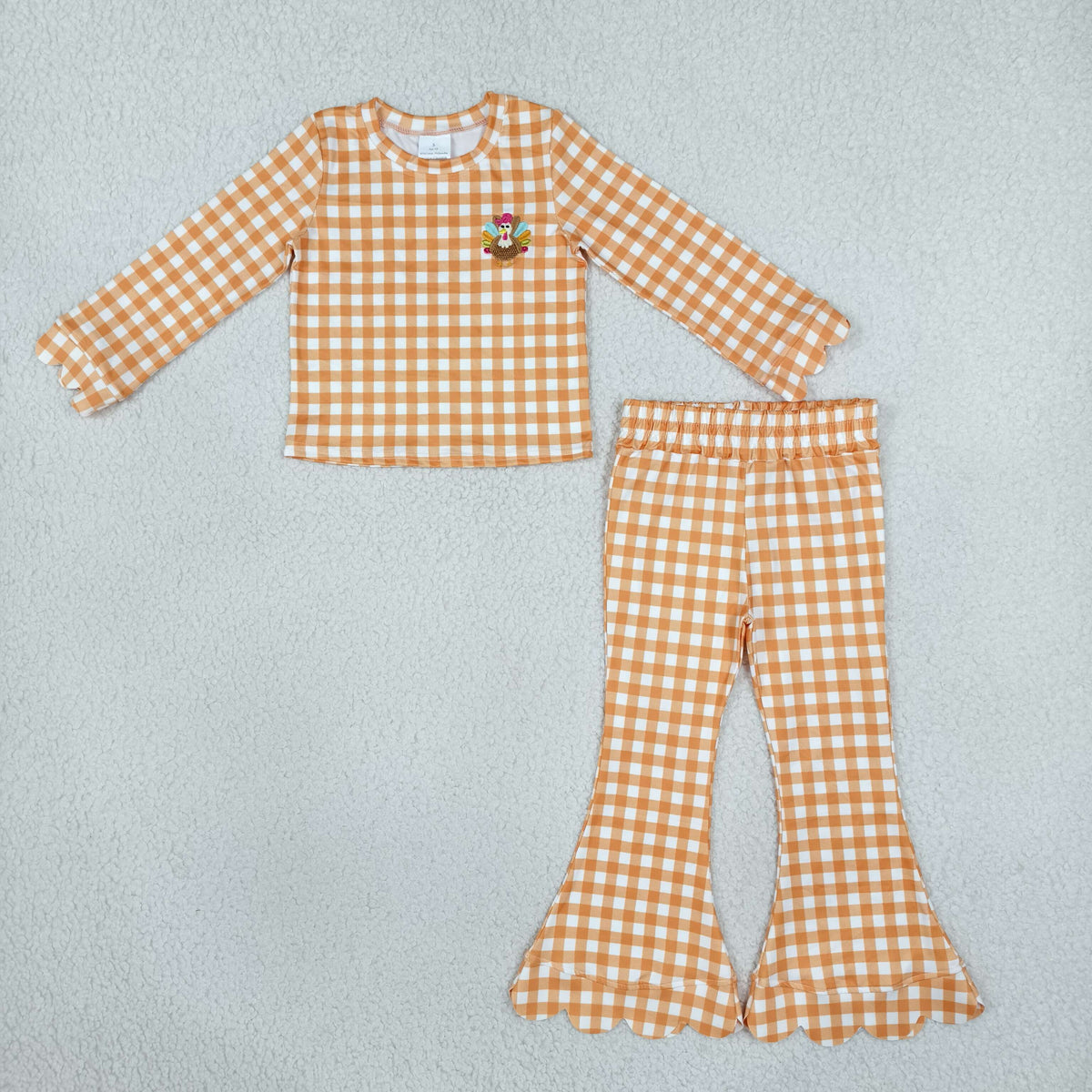 NO MOQ RTS GLP3588-embroidery Baby Girl Clothes Orange Gingham Turkey Applique Print Long Sleeve Top Scallop Hem Flare Pant Set 202610