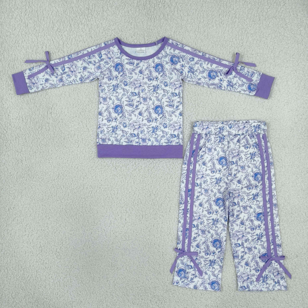 NO MOQ RTS GLP3365 Baby Girl Clothes Blue Floral Print Long Sleeve Bow Trim Outfit Set 202610