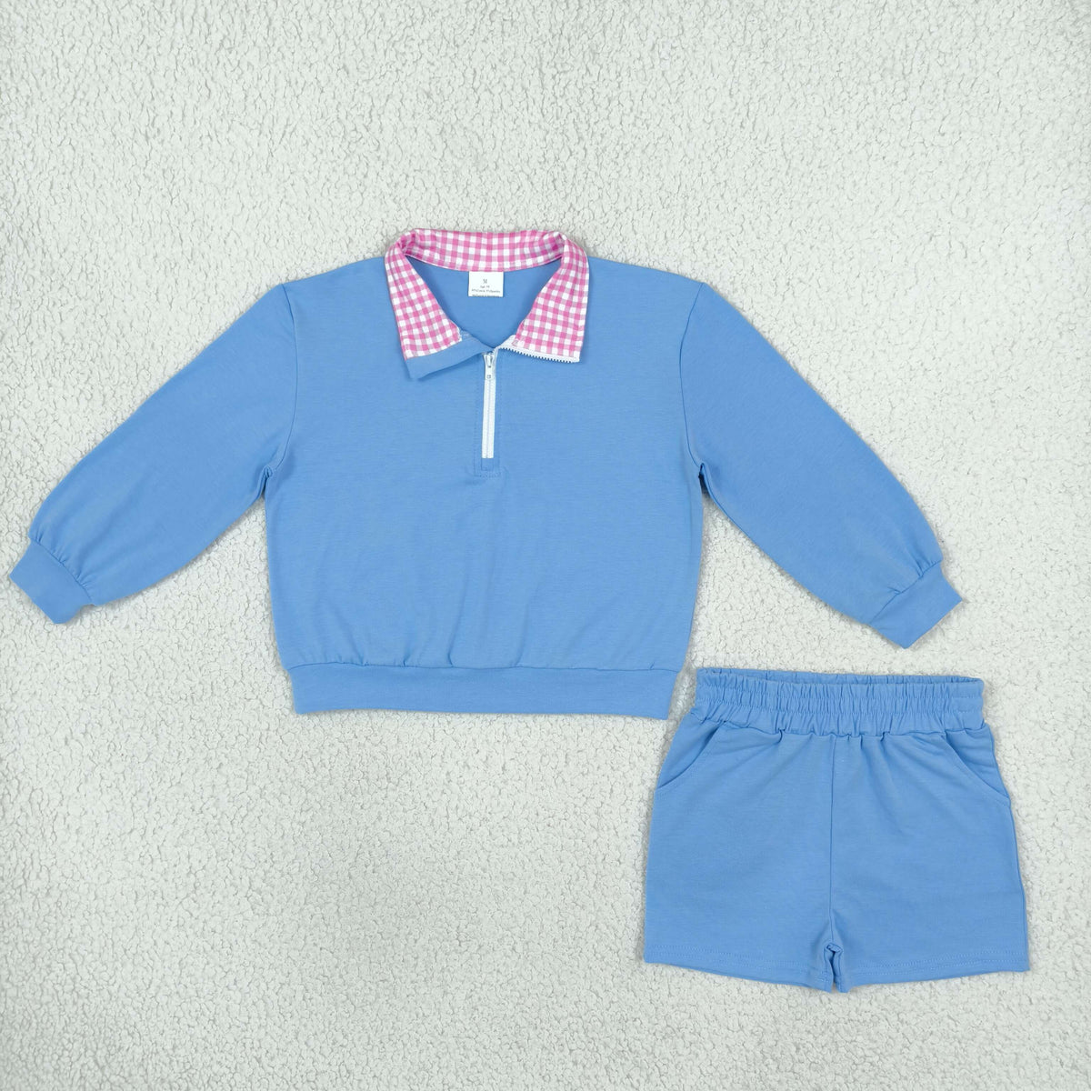 NO MOQ RTS GLS0228 Baby Girl Clothes Pink Gingham Collar Print Long Sleeve Half Zip Top Short Set 202610