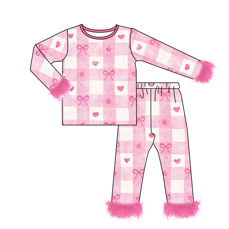 GLP2214 checkerboard love Valentine's Day  fluffy fur love baby clothes girl pajamas outfit 202411 preorder sibling