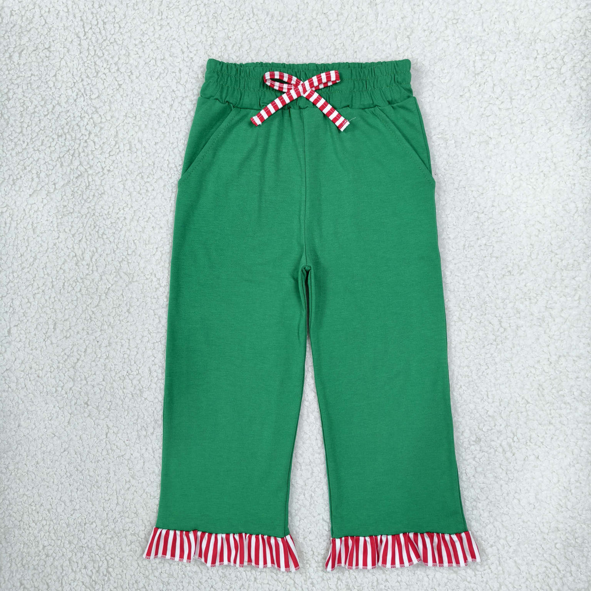 NO MOQ RTS P1254 Baby Girl Clothes Solid Christmas Green Red White Stripe Ruffle Trim Drawstring Wide Leg Pants 202610