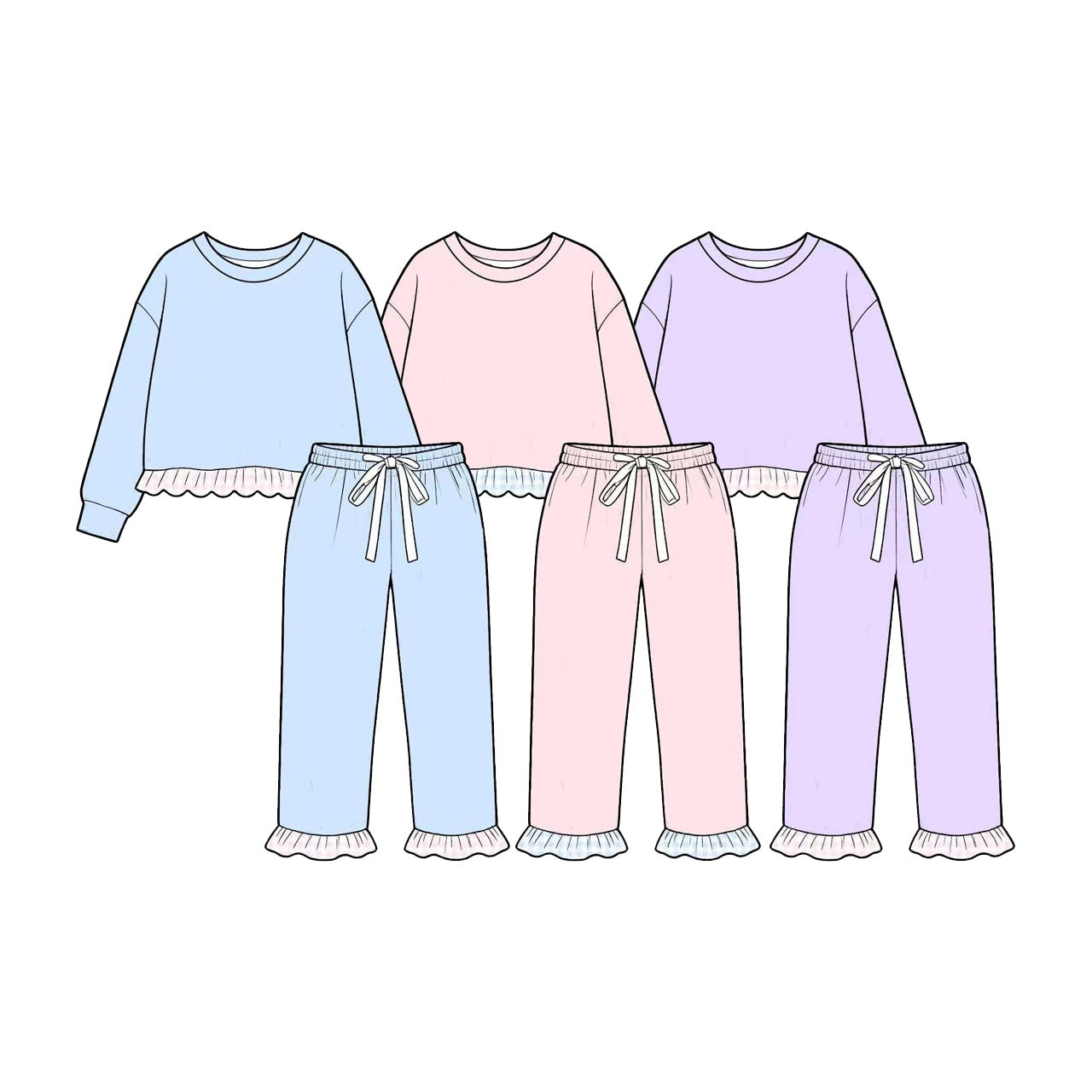 Preorder GLP3755 Girls 2 Piece Pajama Set Long Sleeve Ruffle Hem Sleepwear 202608