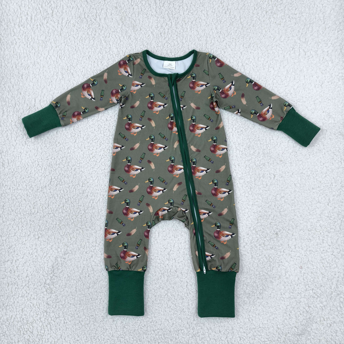 NO MOQ RTS LR3232 Baby Boy Clothes Wild Duck Hunting Mallard Mixed Print Long Sleeve Zipper Romper 202610