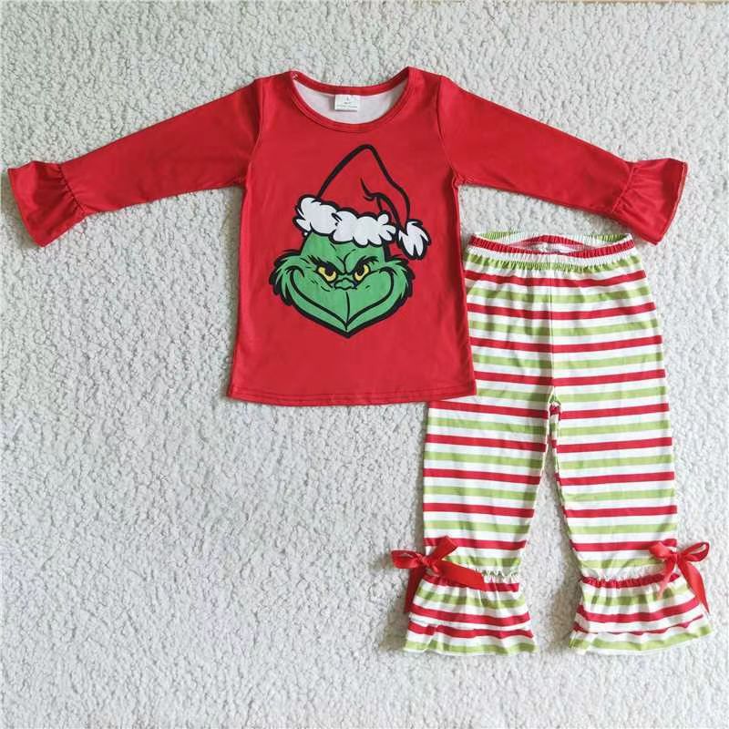 GLP0193 grinch stripe outfit  RTS christmas  green long sleeve embroidery  pajamas girl outfit=