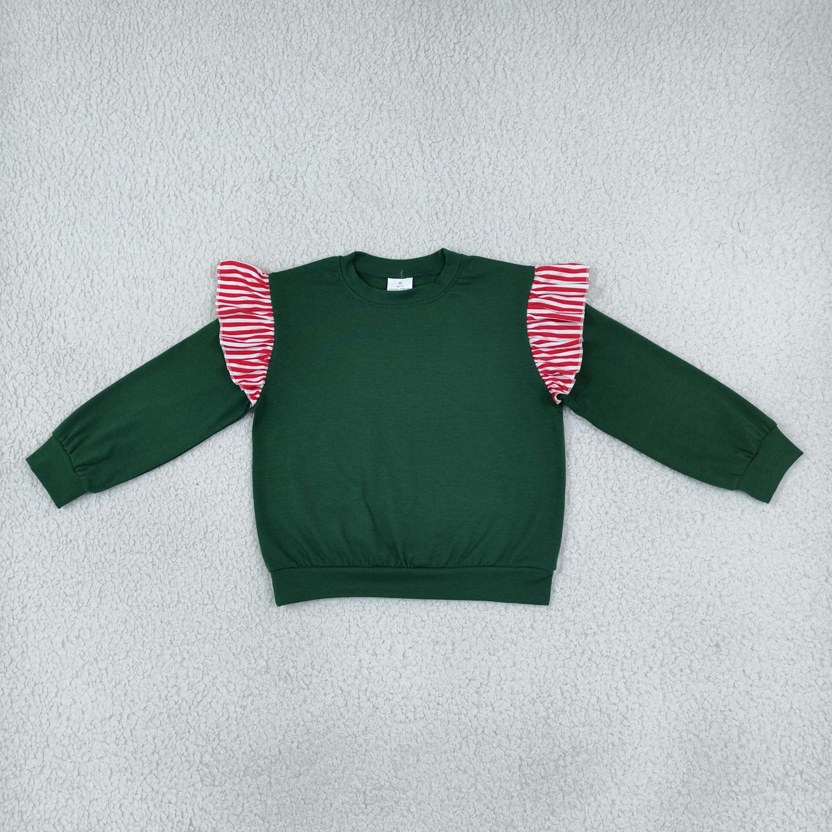 NO MOQ RTS GT1850 Baby Girl Clothes Dark Green Red Stripe Ruffle Mixed Print Long Sleeve Top 202610