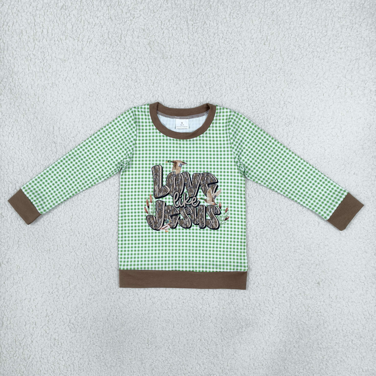 NO MOQ RTS BT1320 Baby Boy Clothes Green Gingham Duck Love Like Jesus Graphic Print Long Sleeve Tee Top 202610