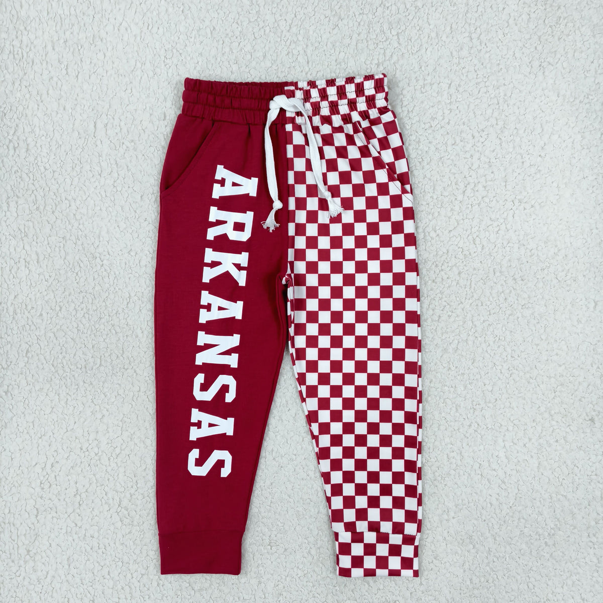 NO MOQ RTS P1062-vinyl Kids Clothes Arkansas Letter Print Red Checkerboard Spliced Jogger Pants 202610