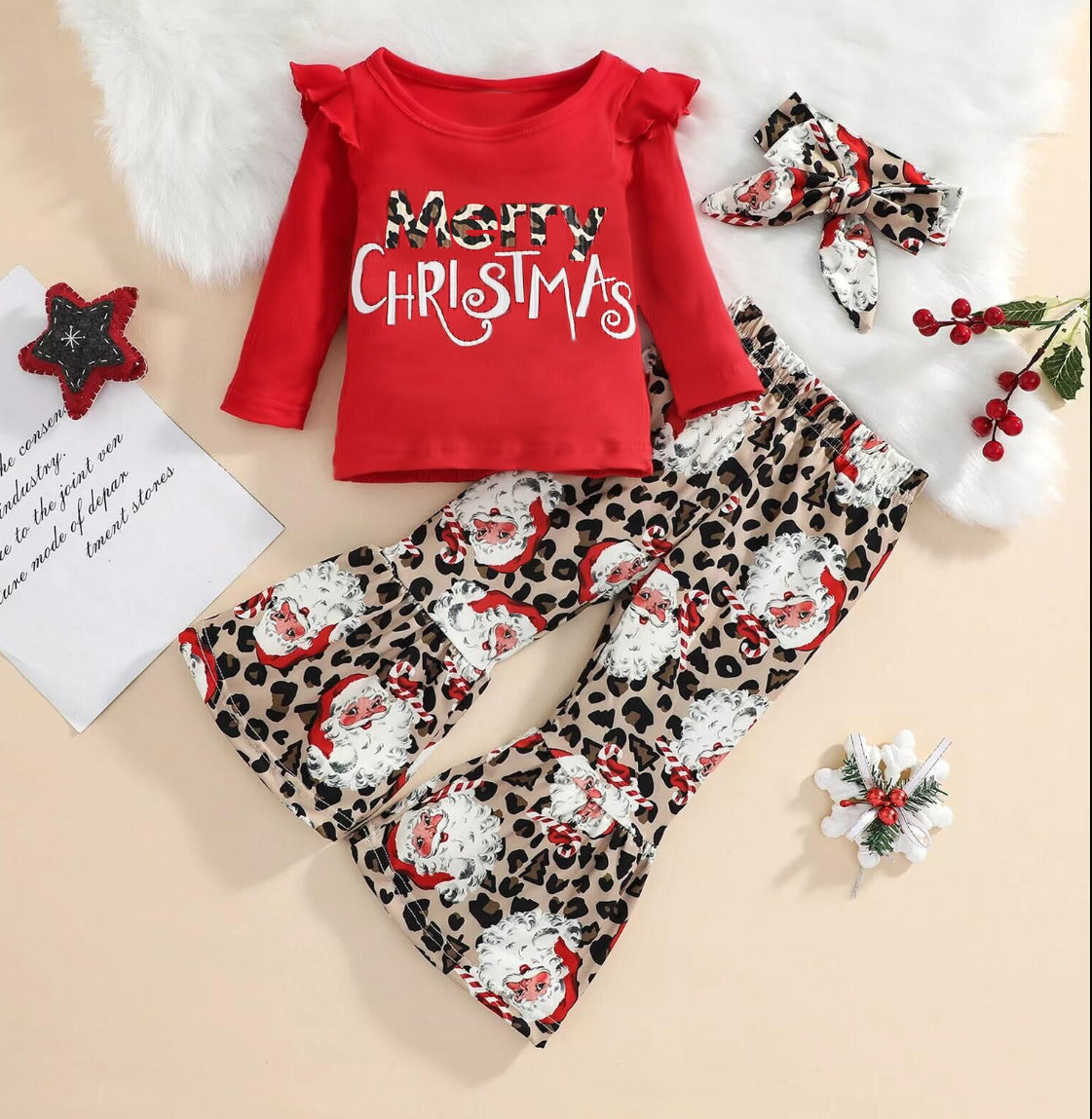 MOQ3 CUSTOM Merry Christmas Santa girl red long sleeve top leopard bell bottom pants girl outfits