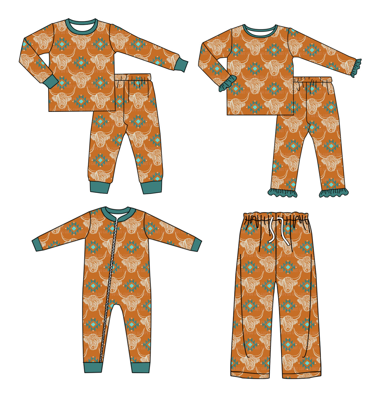 GLP05 western cow long sleeve children boy girl pajamas outfit preorder 20230602