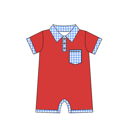 SR2352 USA Flag 4th July blue pocket plaid red boy romper preorder 202411