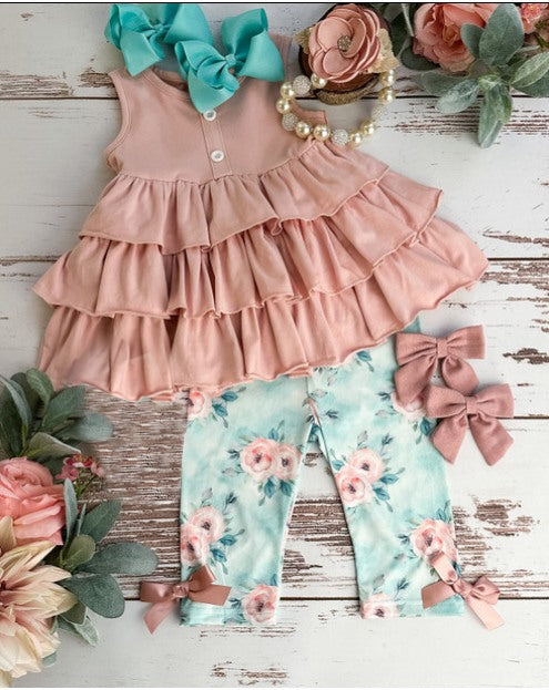 GSPO ruffle pink flowers short sleeve girl outfit 20230517 preorder