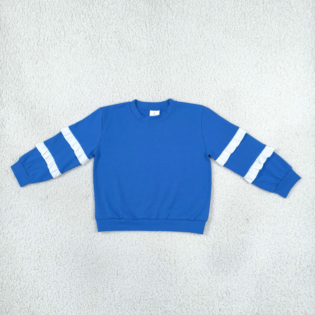 NO MOQ RTS GT1860 Girl Clothes Solid Blue Plain Print Long Sleeve Double White Ruffle Sleeve Sweatshirt 202610