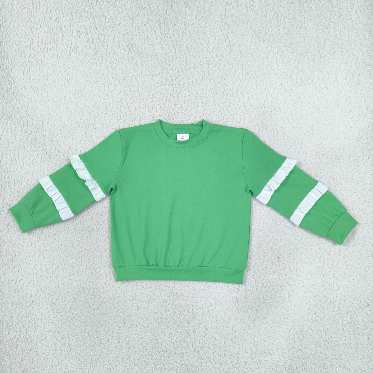 NO MOQ RTS GT1858 Girl Clothes Solid Green Plain Print Long Sleeve Double White Ruffle Sleeve Sweatshirt 202610