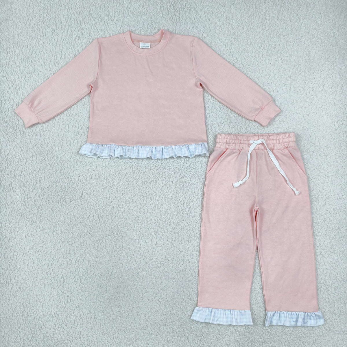 NO MOQ RTS GLP3754 Baby Girl Clothes Solid Pink Gingham Ruffle Plain Long Sleeve Pant Outfit Set 202610