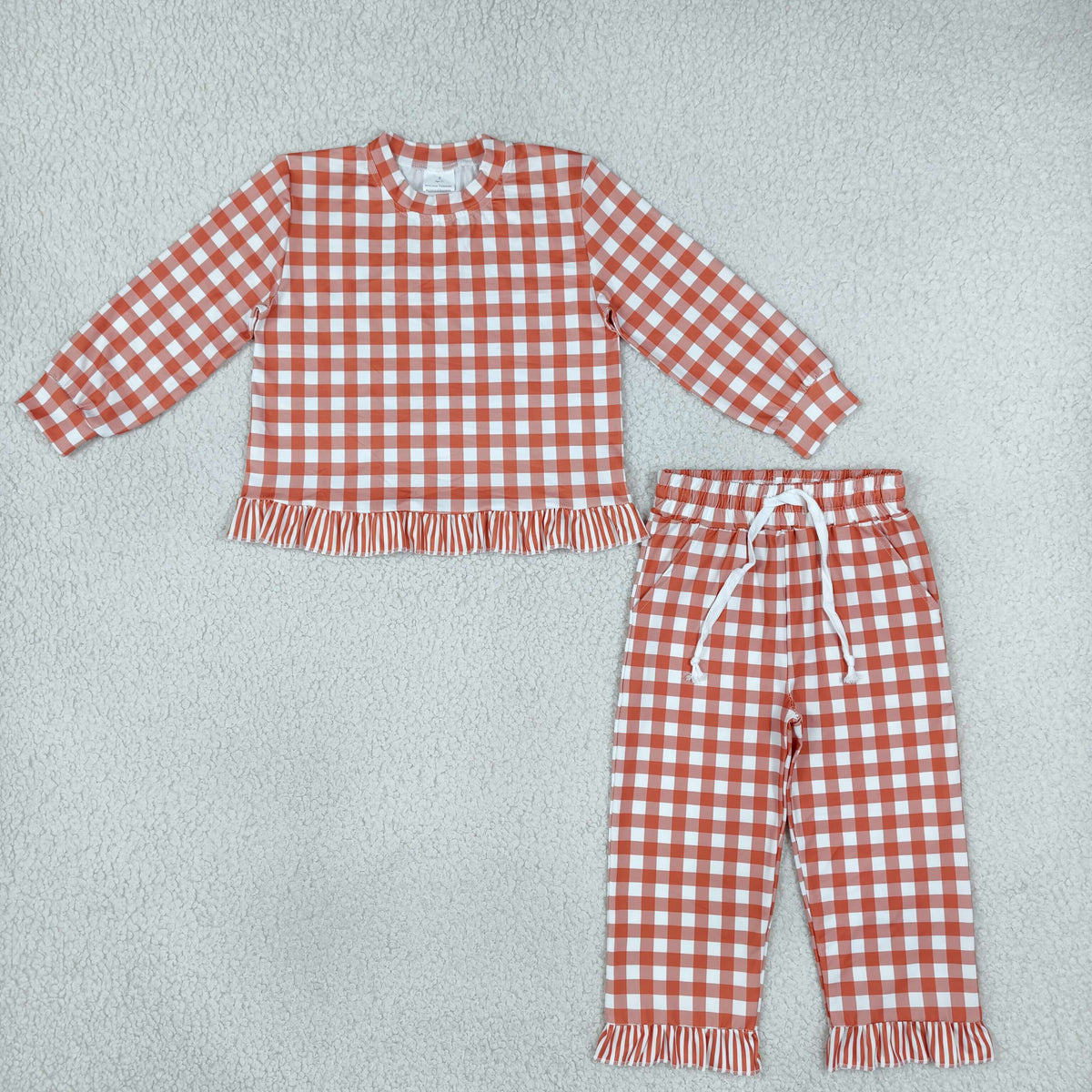 NO MOQ RTS GLP3672 Baby Girl Clothes Orange Gingham Print Long Sleeve Ruffle Top Pant Set 202610