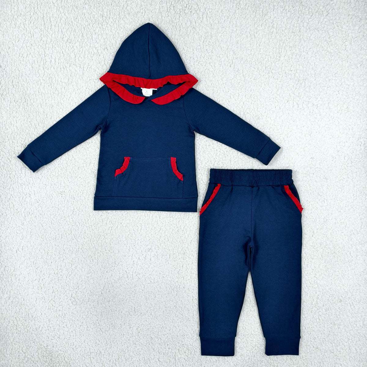 NO MOQ RTS GLP3564 Baby Girl Clothes Solid Navy Red Ruffle Trim Long Sleeve Hoodie Pant Set 202610