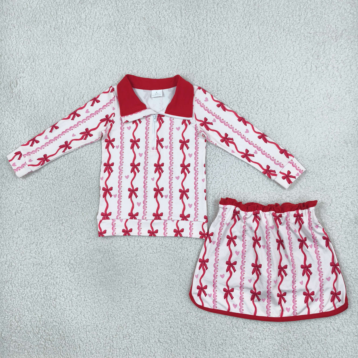 NO MOQ RTS GLD1751 Baby Girl Clothes Red Bow Heart Mixed Print Long Sleeve Top Skirt Outfit Set 202610