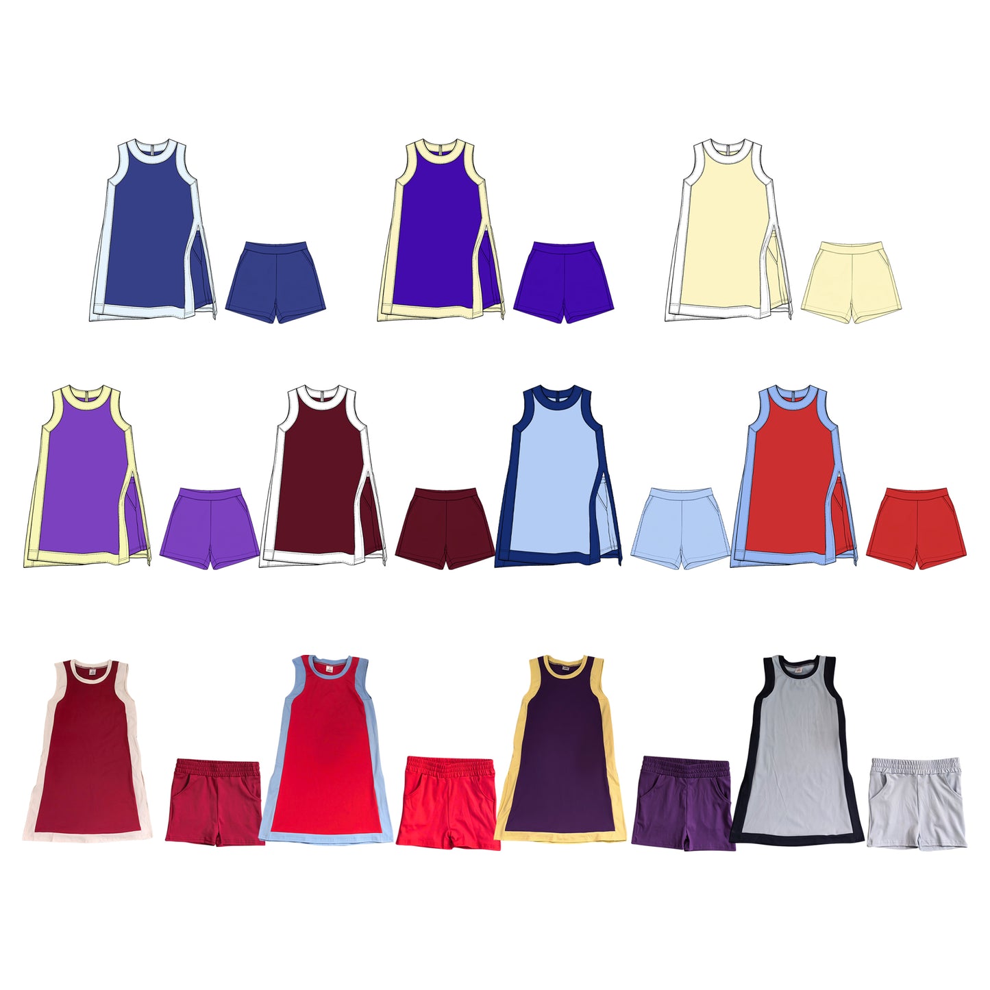 Custom MOQ5 Women adult Purple Yellow Trim Tank & Shorts Set – Sleeveless Active Summer Two Piece Outfit