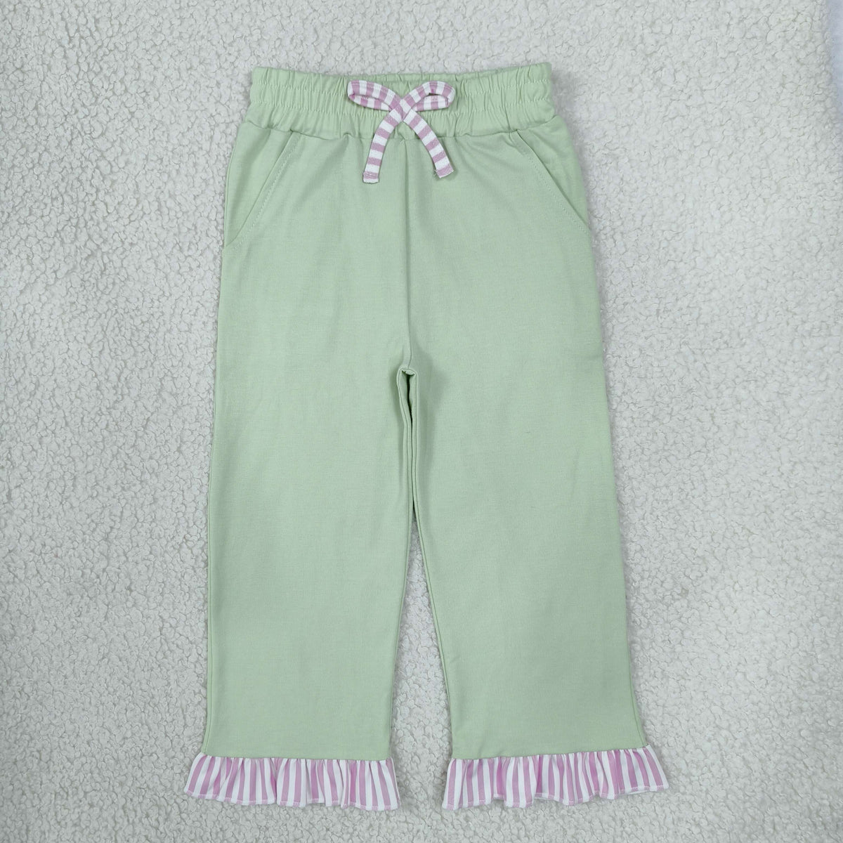 NO MOQ RTS P1156 Kids Girl Clothes Solid Light Green Pink Stripe Ruffle Hem Wide Leg Pants 202610