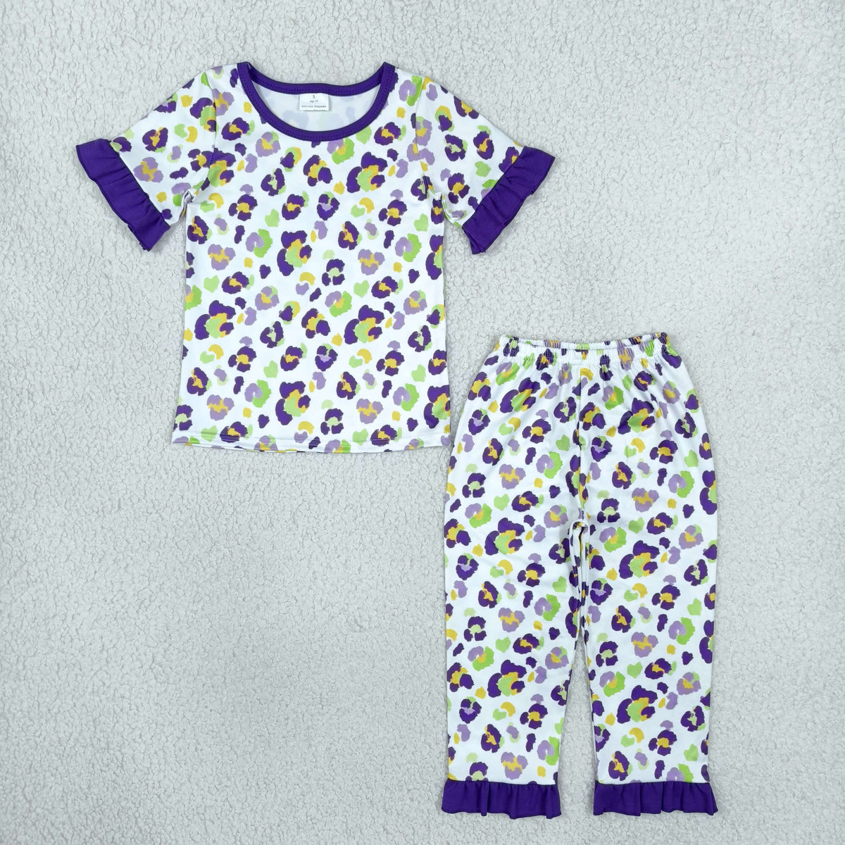NO MOQ RTS GSPO2388 Baby Girl Clothes Mardi Gras Colorful Leopard Print Short Sleeve Ruffle Cuff Pajama Set 202610
