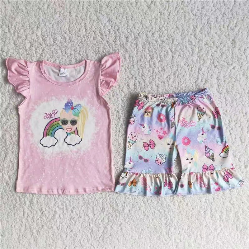 promotion price C14-18 summer top gril cartoon girl jo short sleeve ruffle bow shorts girl outfits 20230510 RTS