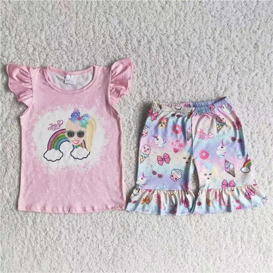 promotion price C14-18 summer top gril cartoon girl jo short sleeve ruffle bow shorts girl outfits 20230510 RTS