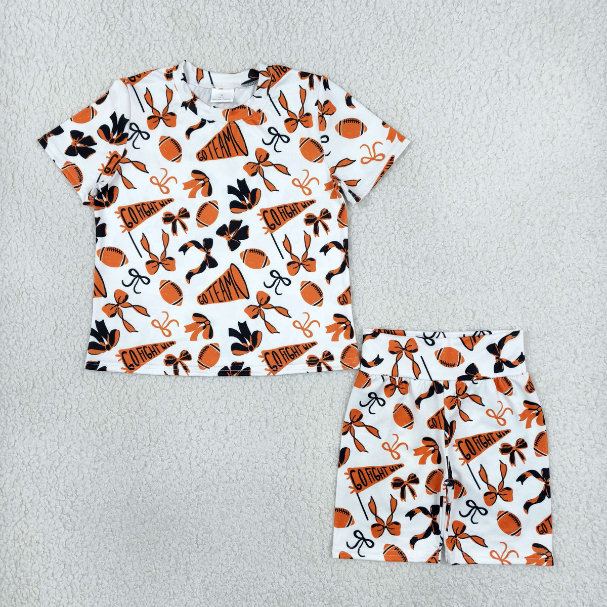 NO MOQ RTS GSSO2724 Baby Girl Clothes Football Bow Cheer Flag Mixed Print Short Sleeve Top Shorts Set 202610