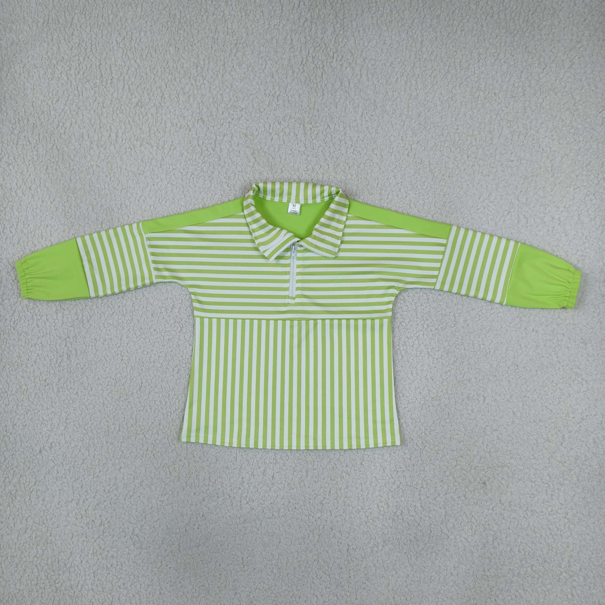 NO MOQ RTS GT1718(1)-yoga Baby Girl Clothes Lime Green White Stripe Color Block Print Long Sleeve Half Zip Polo Top 202610