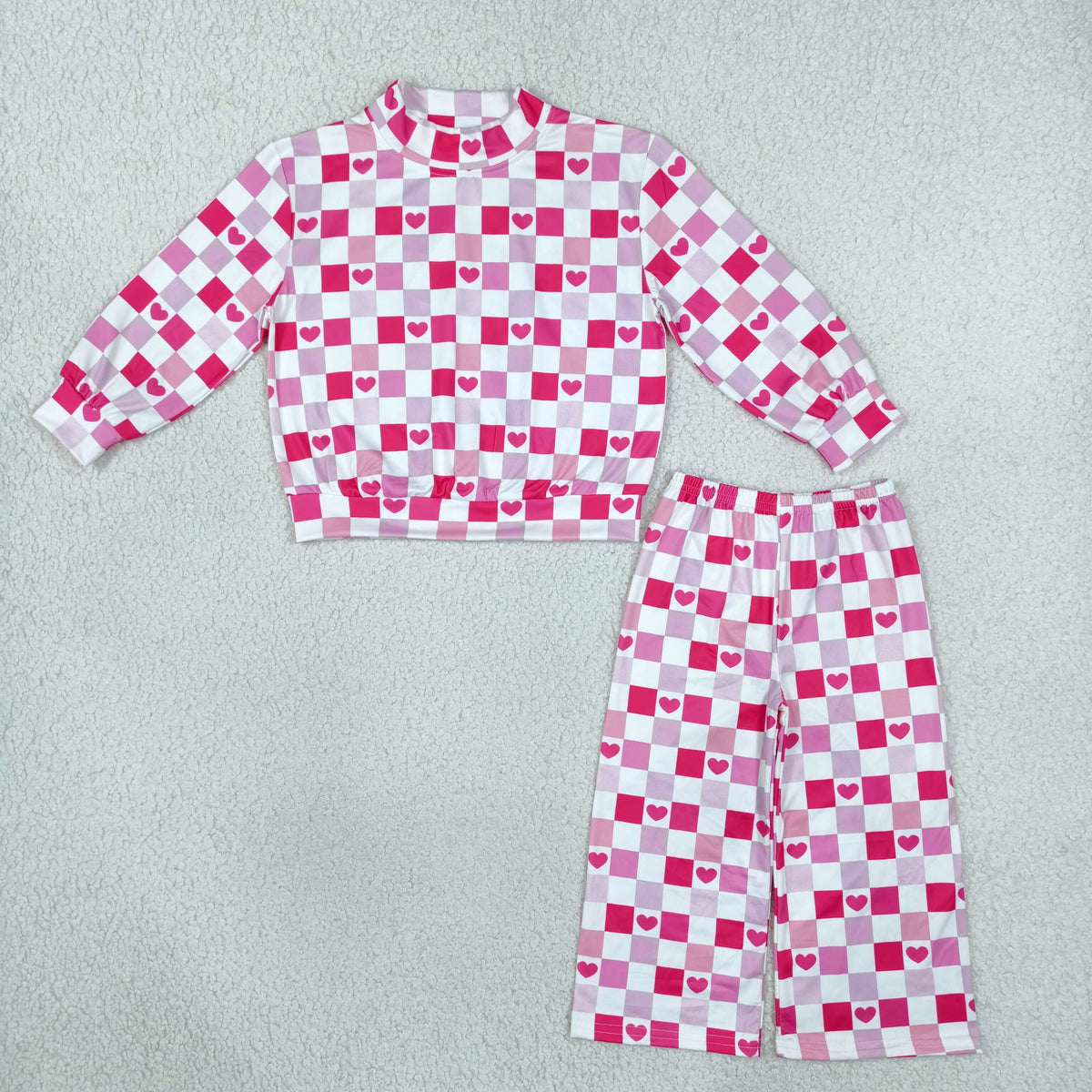NO MOQ RTS GLP3867 Baby Girl Clothes Pink Heart Checkerboard Mixed Print Long Sleeve Top Wide Leg Pant Set 202610