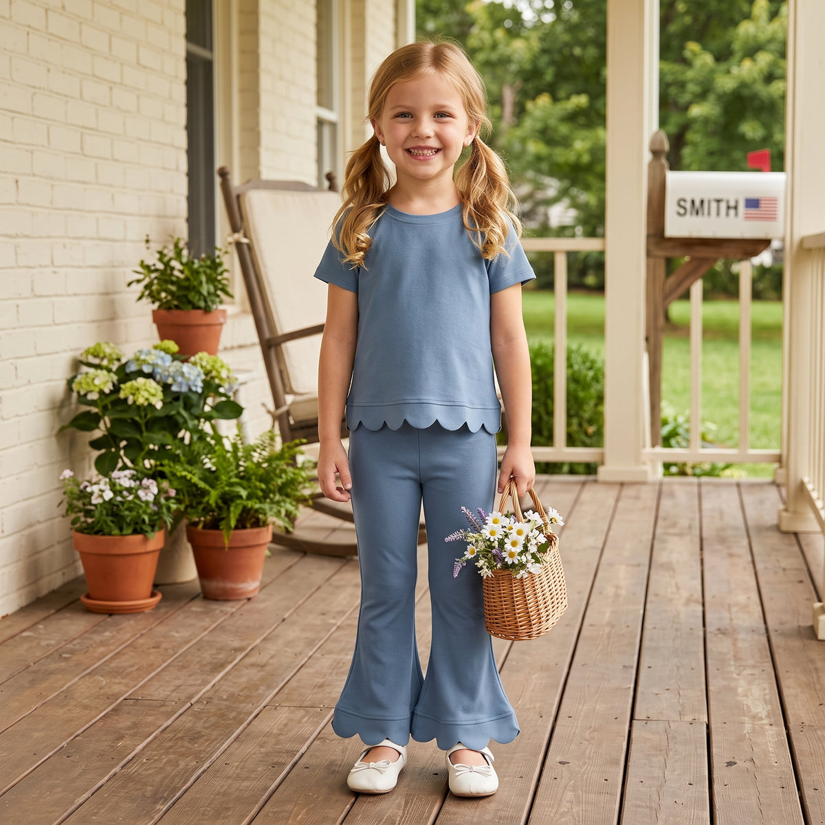 GT1769 Dusty Blue Scallop Hem Girls Top – Short Sleeve Wavy Trim Ribbed Tee for Summer