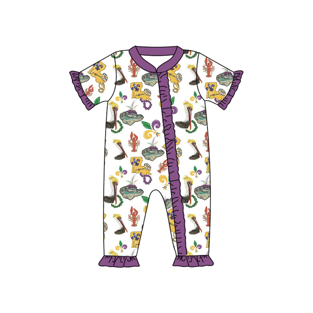 SR2422  Mardi Gras Dinosaur girl romper preorder 202412