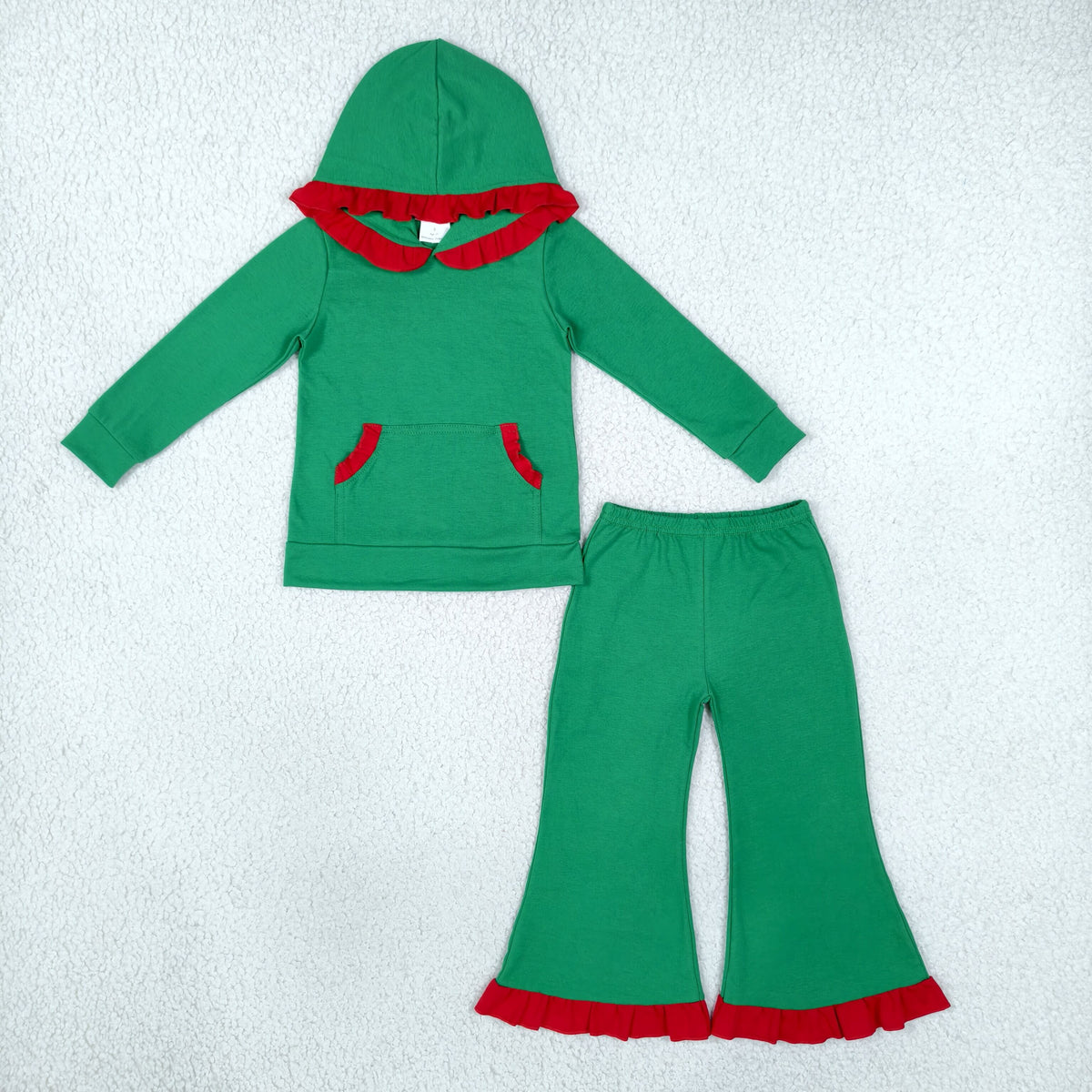 NO MOQ RTS GLP3752 Baby Girl Clothes Christmas Green Red Ruffle Hooded Long Sleeve Flare Pant Set 202610