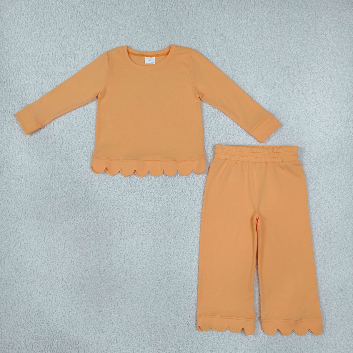NO MOQ RTS GLP3295-scallop (2) Baby Girl Clothes Solid Orange Scalloped Trim Long Sleeve Top Wide Leg Pant Set 202610