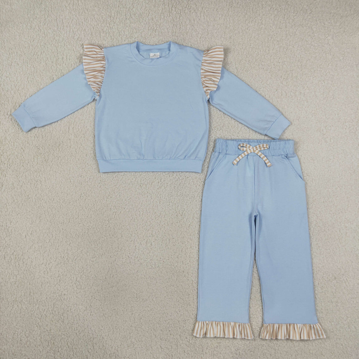 NO MOQ RTS GLP3696-bundle Baby Girl Clothes Solid Light Blue Stripe Ruffle Long Sleeve Top Pant Set 202610