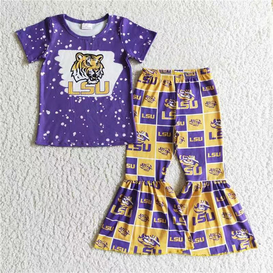 GSPO0210 football team tiger purple yellow girl short sleeve top pant outfit 0929 RTS