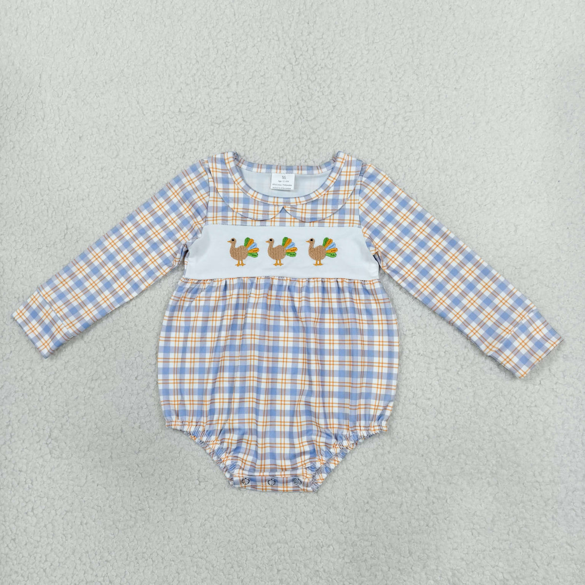 NO MOQ RTS LR3132 Baby Girl Clothes Thanksgiving Turkey Embroidery Plaid Print Long Sleeve Bubble Romper 202610