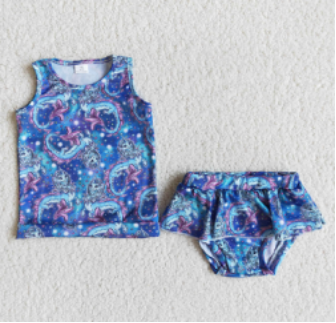 E13-19	unicorn print pink blue girl ruffles swimwear