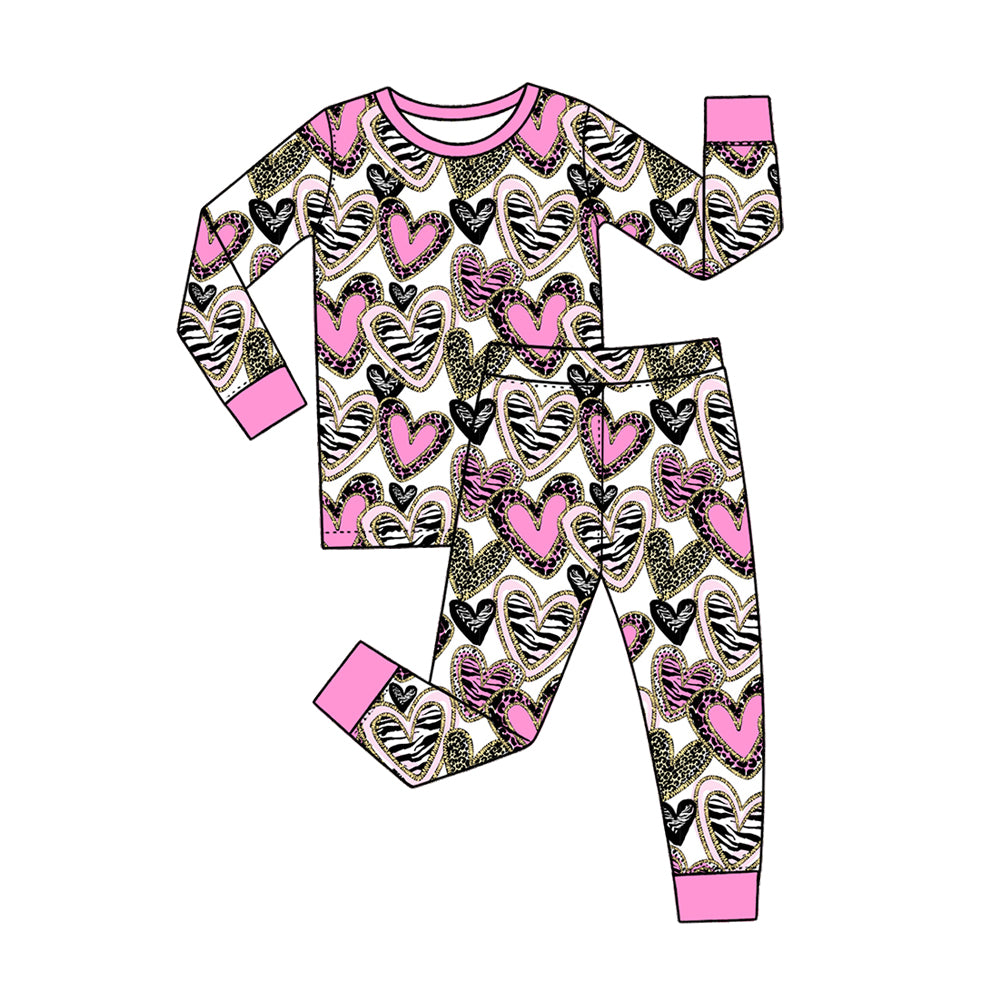 Preorder (moq 5) Baby Girl Clothes Valentine Zebra Leopard Glitter Heart Print Long Sleeve Pajama Set