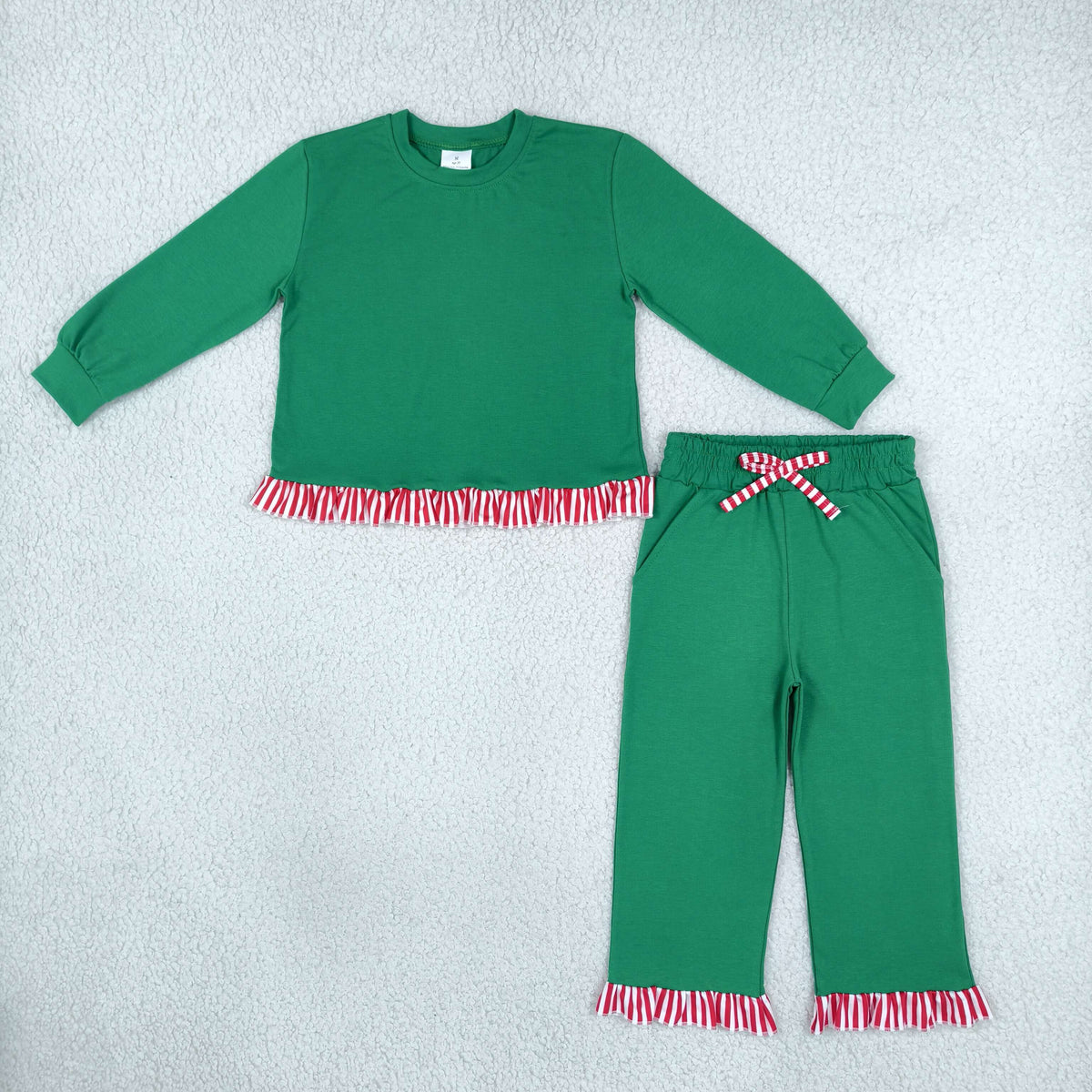 NO MOQ RTS GLP3917-bundle Baby Girl Clothes Solid Christmas Green Red White Stripe Ruffle Trim Long Sleeve Top Pant Outfit Set 202610