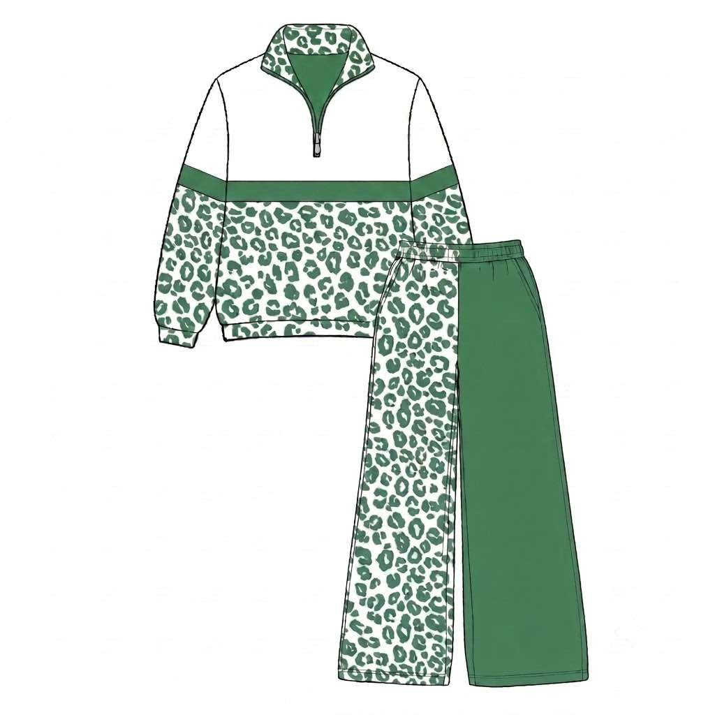 Custom MOQ5 green white leopord team zip long sleeves Girl winter clothes